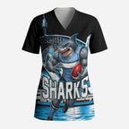 Personalised Sydney Sharks Rugby Scrub Top Muscular Mascot Harbour Bridge Skyline Graphic