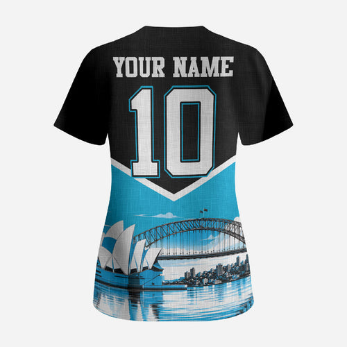 Personalised Sydney Sharks Rugby Scrub Top Muscular Mascot Harbour Bridge Skyline Graphic