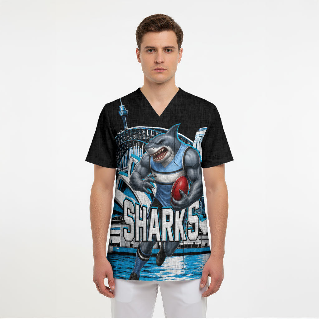 Personalised Sydney Sharks Rugby Scrub Top Muscular Mascot Harbour Bridge Skyline Graphic