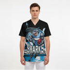 Personalised Sydney Sharks Rugby Scrub Top Muscular Mascot Harbour Bridge Skyline Graphic