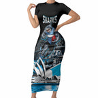Personalised Sydney Sharks Rugby Short Sleeve Bodycon Dress Muscular Mascot Harbour Bridge Skyline Graphic