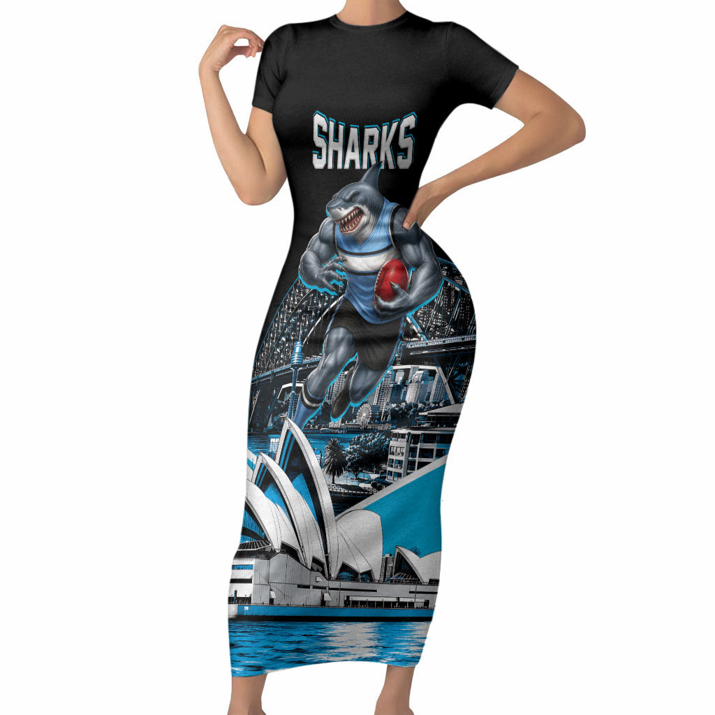 Personalised Sydney Sharks Rugby Short Sleeve Bodycon Dress Muscular Mascot Harbour Bridge Skyline Graphic
