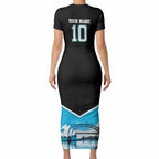 Personalised Sydney Sharks Rugby Short Sleeve Bodycon Dress Muscular Mascot Harbour Bridge Skyline Graphic