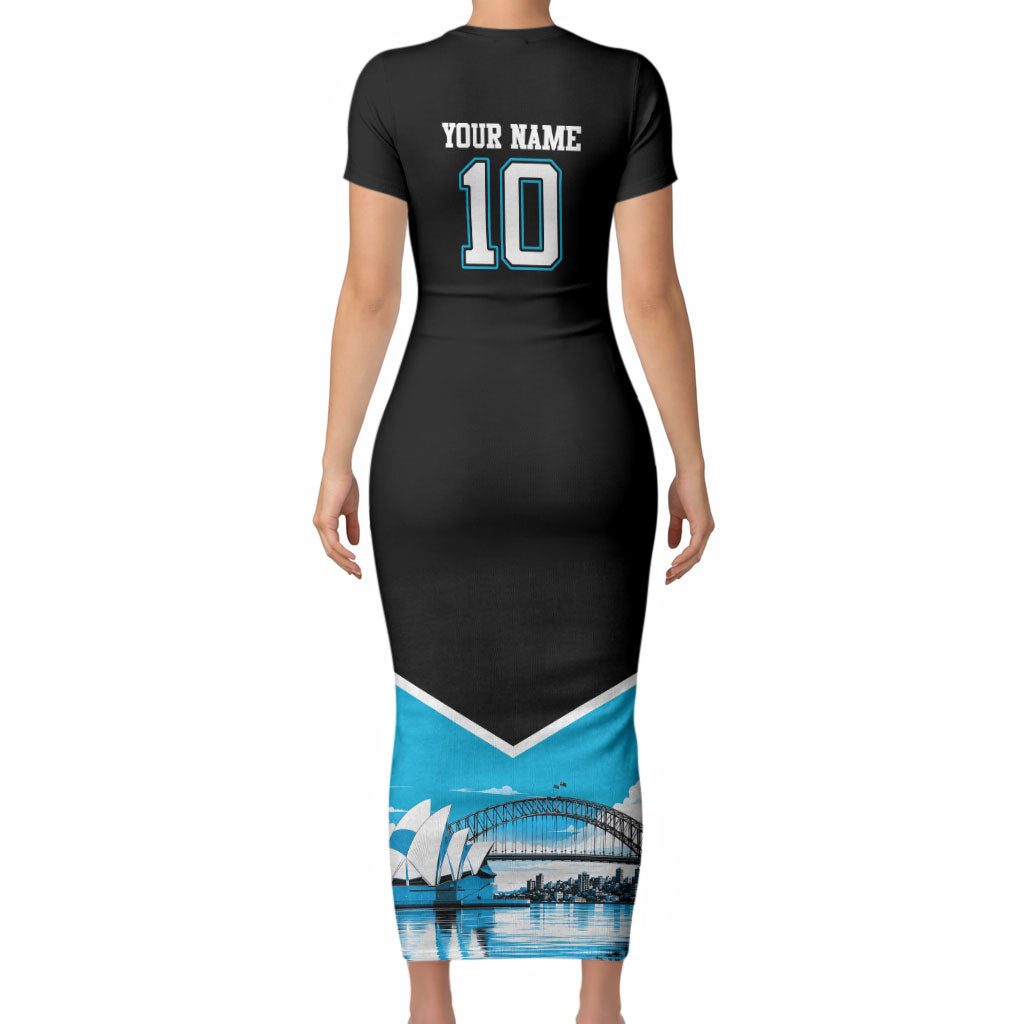 Personalised Sydney Sharks Rugby Short Sleeve Bodycon Dress Muscular Mascot Harbour Bridge Skyline Graphic