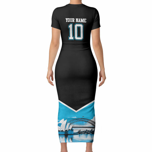Personalised Sydney Sharks Rugby Short Sleeve Bodycon Dress Muscular Mascot Harbour Bridge Skyline Graphic