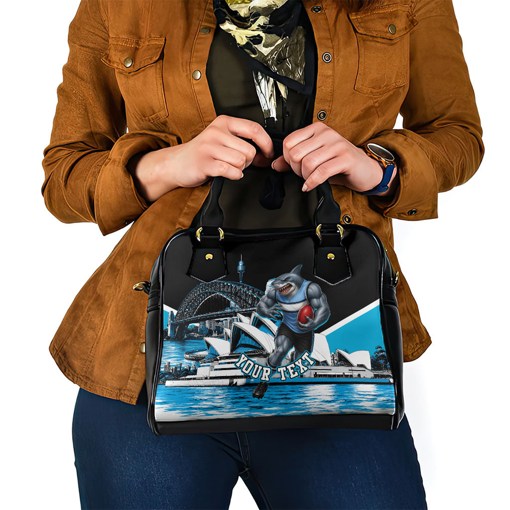 Personalised Sydney Sharks Rugby Shoulder Handbag Muscular Mascot Harbour Bridge Skyline Graphic