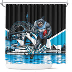 Personalised Sydney Sharks Rugby Shower Curtain Muscular Mascot Harbour Bridge Skyline Graphic