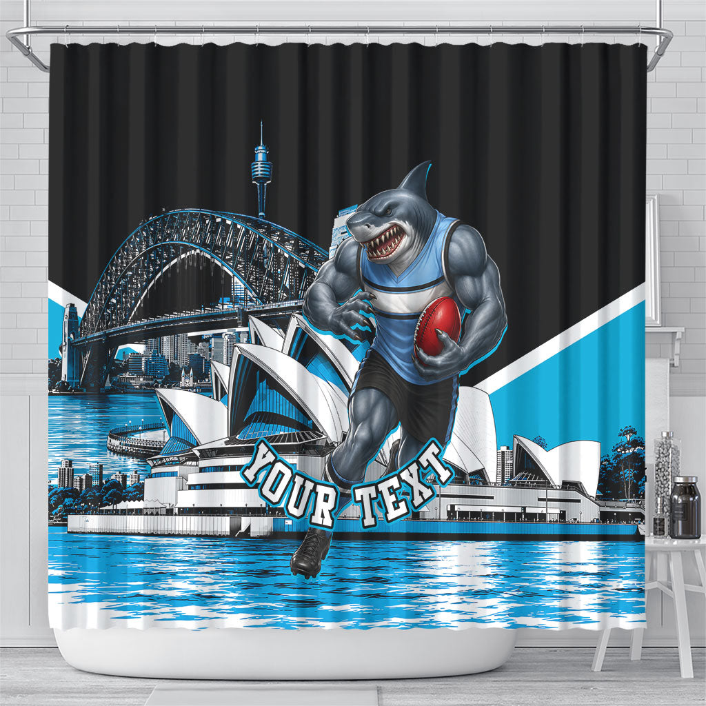 Personalised Sydney Sharks Rugby Shower Curtain Muscular Mascot Harbour Bridge Skyline Graphic