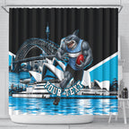 Personalised Sydney Sharks Rugby Shower Curtain Muscular Mascot Harbour Bridge Skyline Graphic