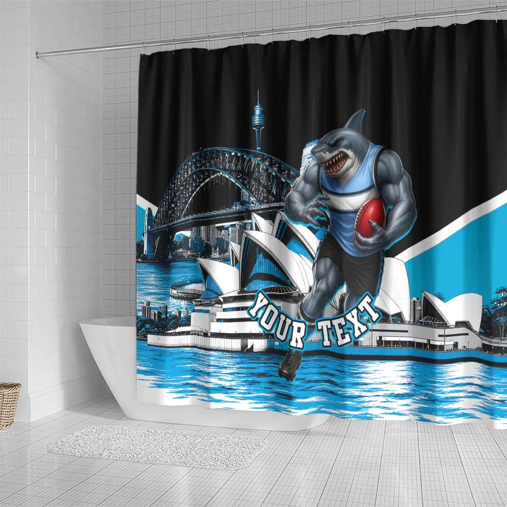 Personalised Sydney Sharks Rugby Shower Curtain Muscular Mascot Harbour Bridge Skyline Graphic