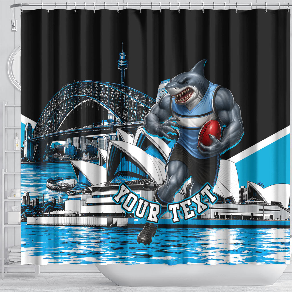 Personalised Sydney Sharks Rugby Shower Curtain Muscular Mascot Harbour Bridge Skyline Graphic