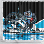 Personalised Sydney Sharks Rugby Shower Curtain Muscular Mascot Harbour Bridge Skyline Graphic