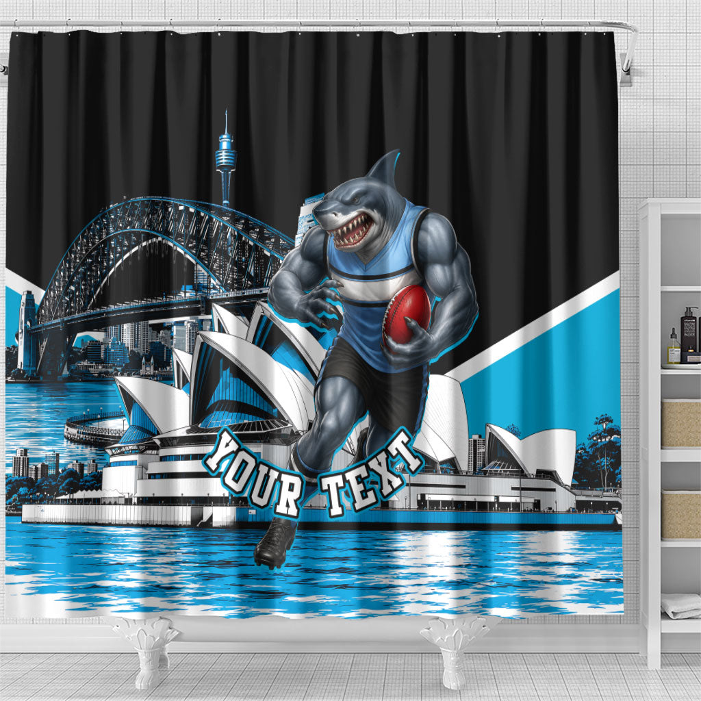 Personalised Sydney Sharks Rugby Shower Curtain Muscular Mascot Harbour Bridge Skyline Graphic