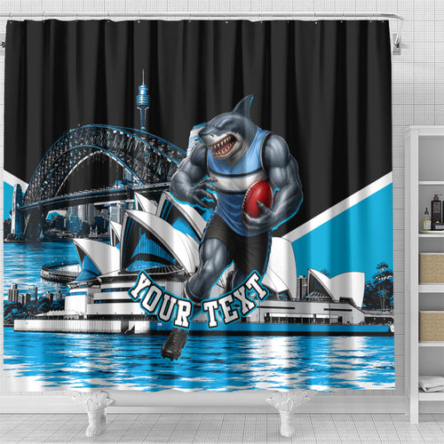 Personalised Sydney Sharks Rugby Shower Curtain Muscular Mascot Harbour Bridge Skyline Graphic