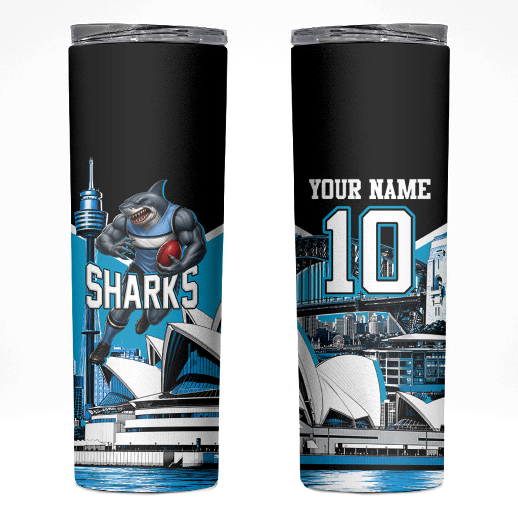 Personalised Sydney Sharks Rugby Skinny Tumbler Muscular Mascot Harbour Bridge Skyline Graphic