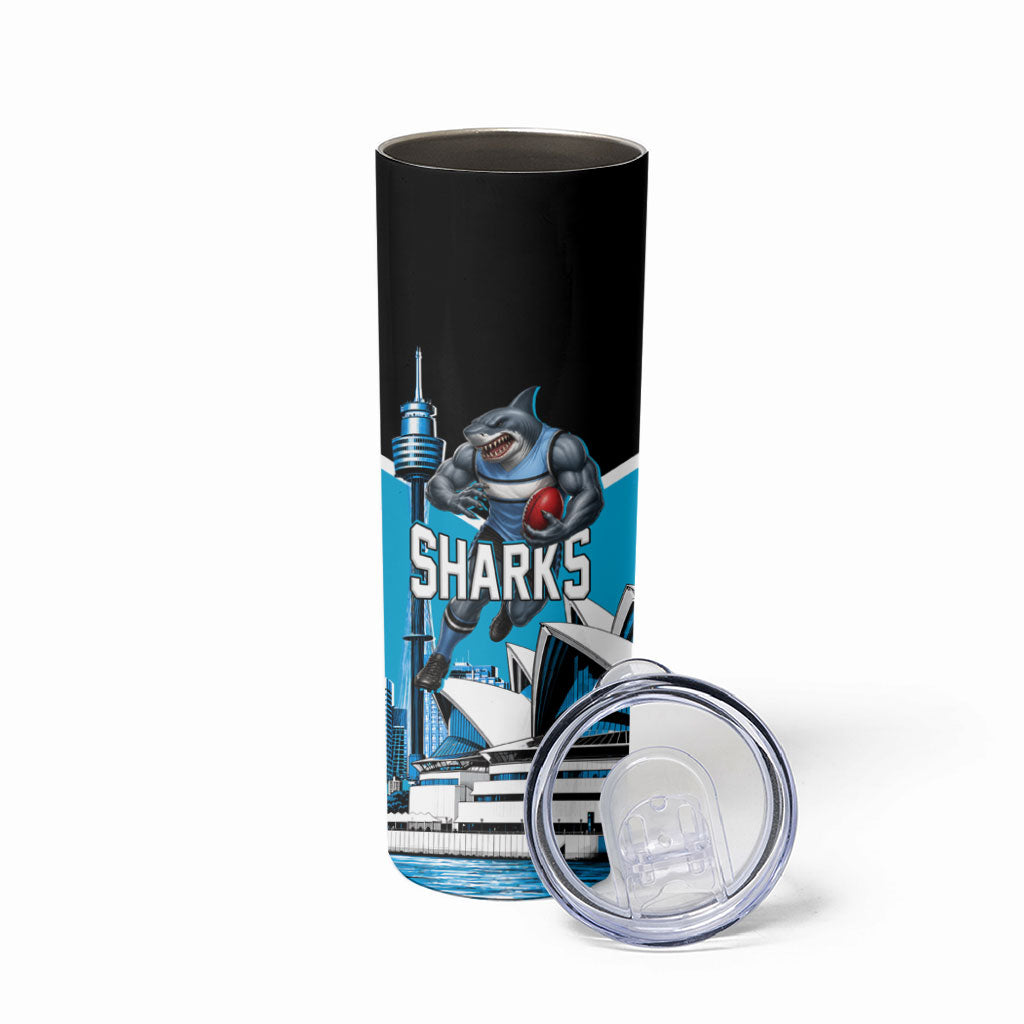 Personalised Sydney Sharks Rugby Skinny Tumbler Muscular Mascot Harbour Bridge Skyline Graphic