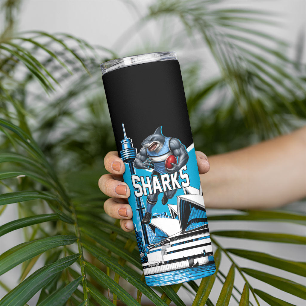 Personalised Sydney Sharks Rugby Skinny Tumbler Muscular Mascot Harbour Bridge Skyline Graphic