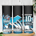 Personalised Sydney Sharks Rugby Skinny Tumbler Muscular Mascot Harbour Bridge Skyline Graphic