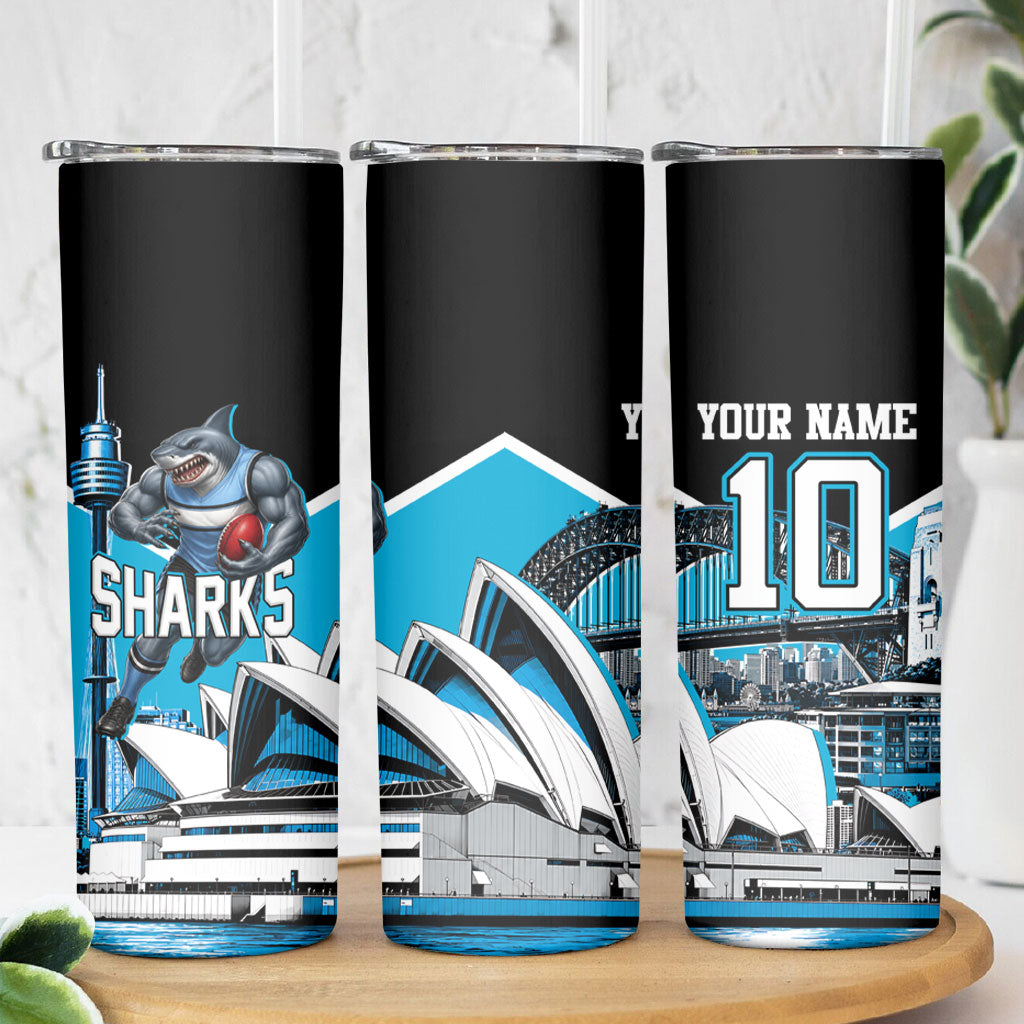Personalised Sydney Sharks Rugby Skinny Tumbler Muscular Mascot Harbour Bridge Skyline Graphic