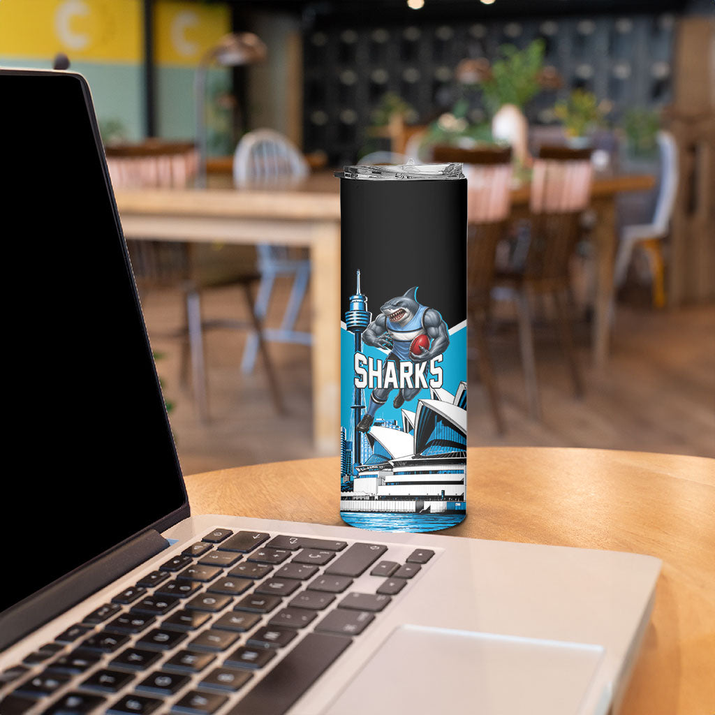 Personalised Sydney Sharks Rugby Skinny Tumbler Muscular Mascot Harbour Bridge Skyline Graphic