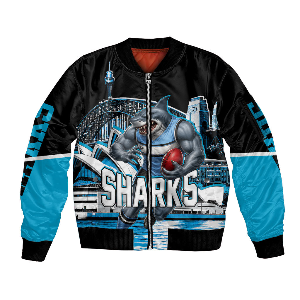 Personalised Sydney Sharks Rugby Sleeve Zip Bomber Jacket Muscular Mascot Harbour Bridge Skyline Graphic