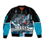 Personalised Sydney Sharks Rugby Sleeve Zip Bomber Jacket Muscular Mascot Harbour Bridge Skyline Graphic