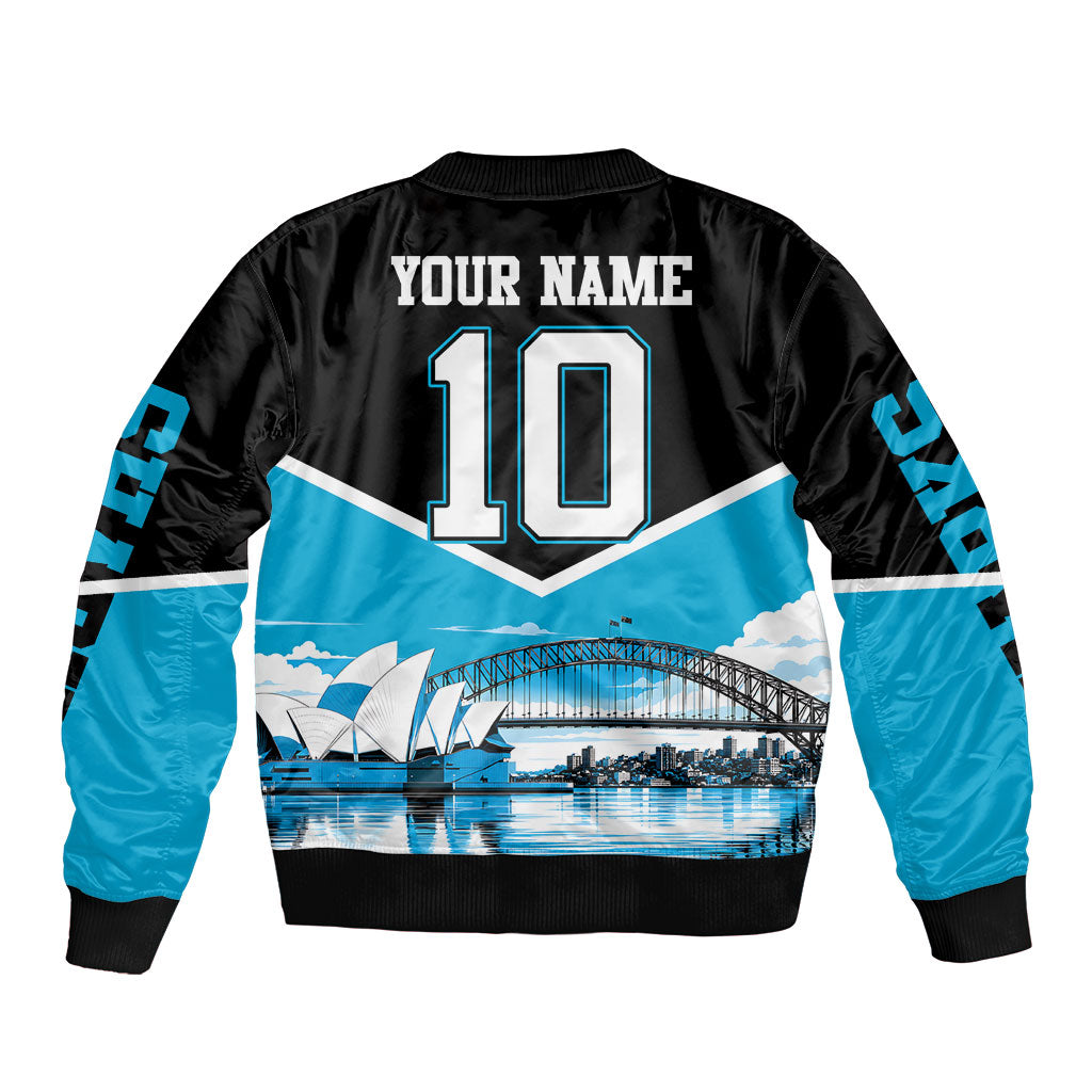 Personalised Sydney Sharks Rugby Sleeve Zip Bomber Jacket Muscular Mascot Harbour Bridge Skyline Graphic