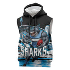 Personalised Sydney Sharks Rugby Sleeveless Hoodie Muscular Mascot Harbour Bridge Skyline Graphic
