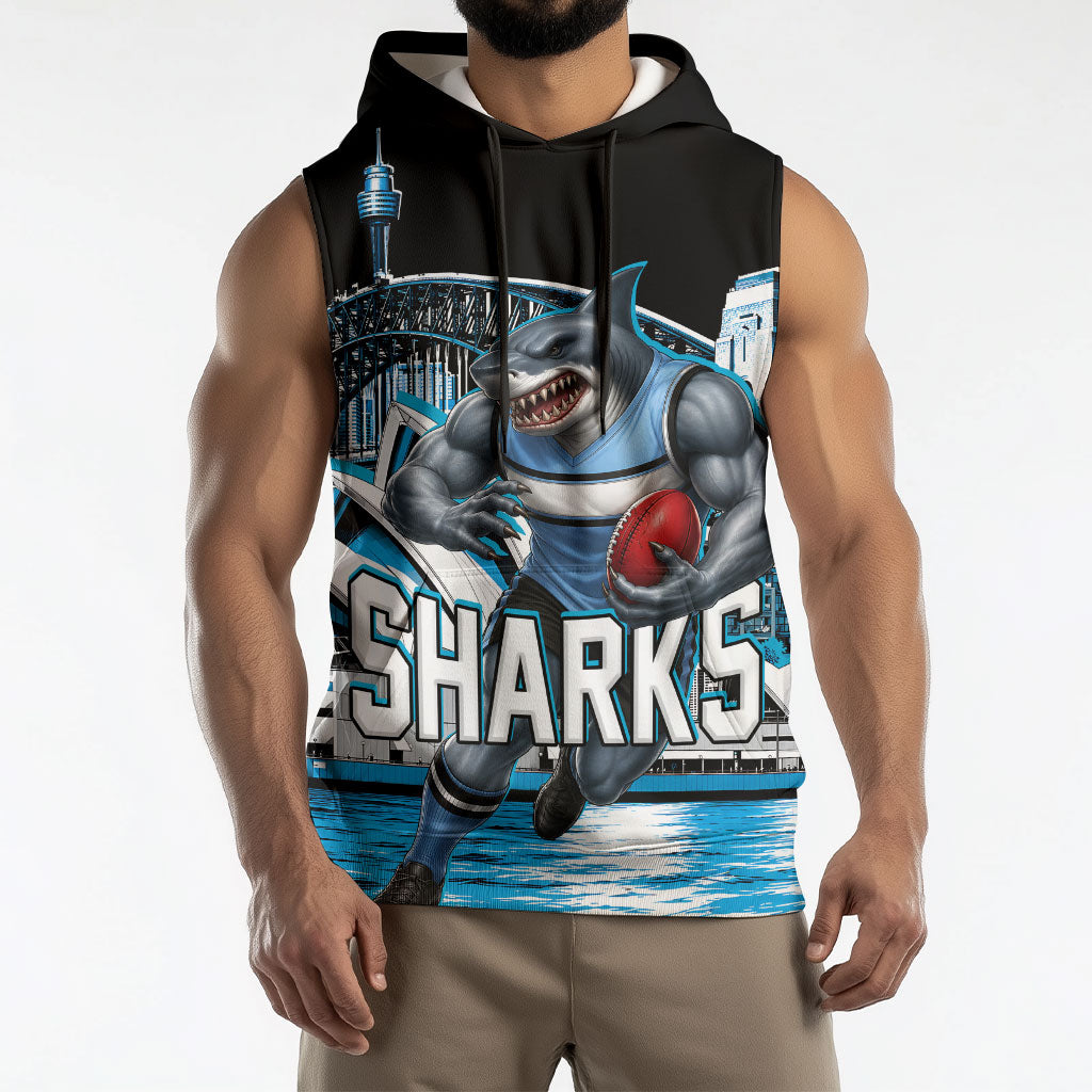 Personalised Sydney Sharks Rugby Sleeveless Hoodie Muscular Mascot Harbour Bridge Skyline Graphic