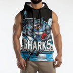 Personalised Sydney Sharks Rugby Sleeveless Hoodie Muscular Mascot Harbour Bridge Skyline Graphic