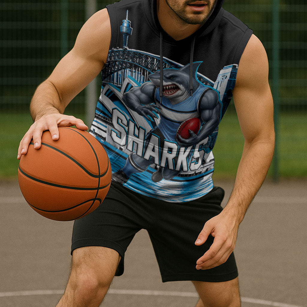 Personalised Sydney Sharks Rugby Sleeveless Hoodie Muscular Mascot Harbour Bridge Skyline Graphic