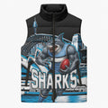 Personalised Sydney Sharks Rugby Sleeveless Puffer Jacket Muscular Mascot Harbour Bridge Skyline Graphic