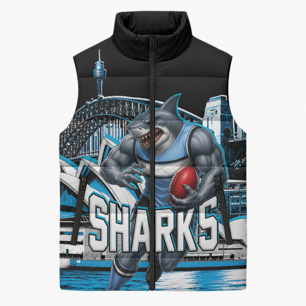 Personalised Sydney Sharks Rugby Sleeveless Puffer Jacket Muscular Mascot Harbour Bridge Skyline Graphic