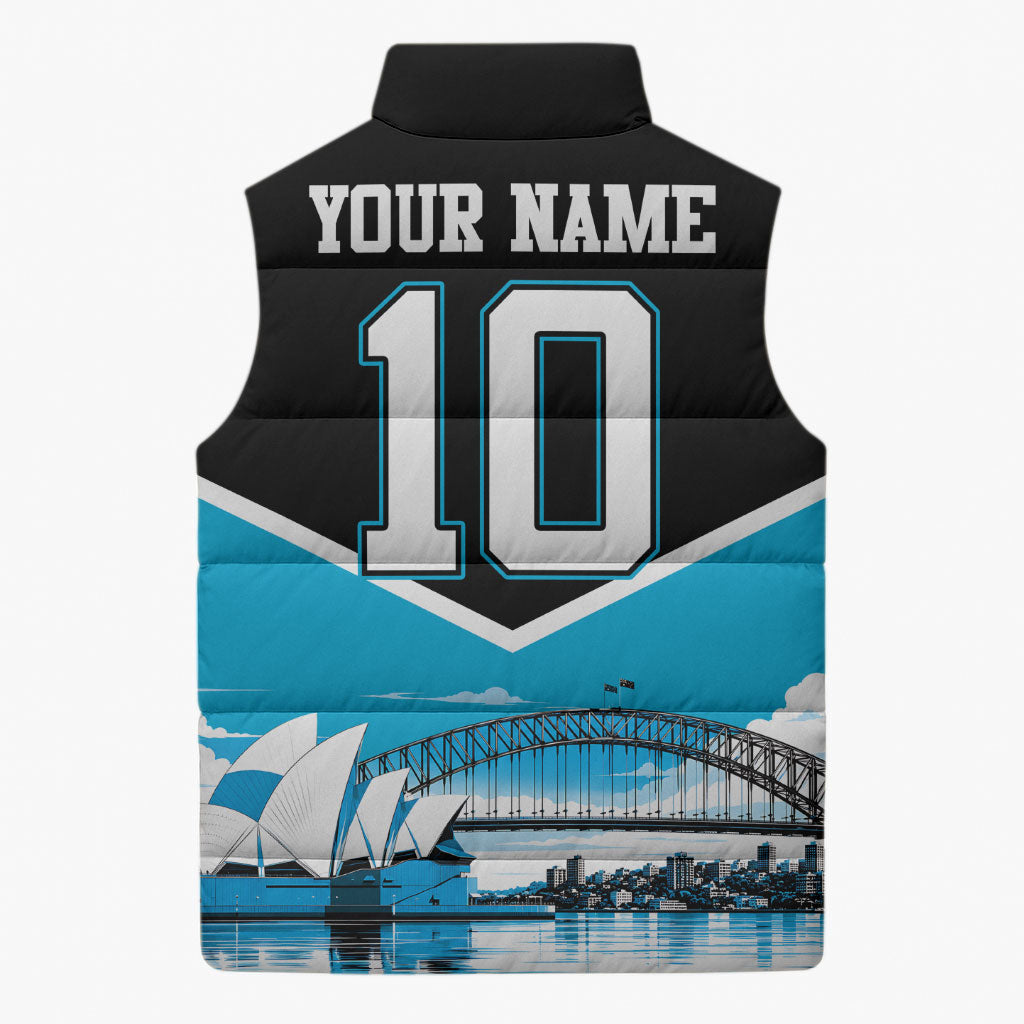 Personalised Sydney Sharks Rugby Sleeveless Puffer Jacket Muscular Mascot Harbour Bridge Skyline Graphic