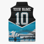 Personalised Sydney Sharks Rugby Sleeveless Puffer Jacket Muscular Mascot Harbour Bridge Skyline Graphic
