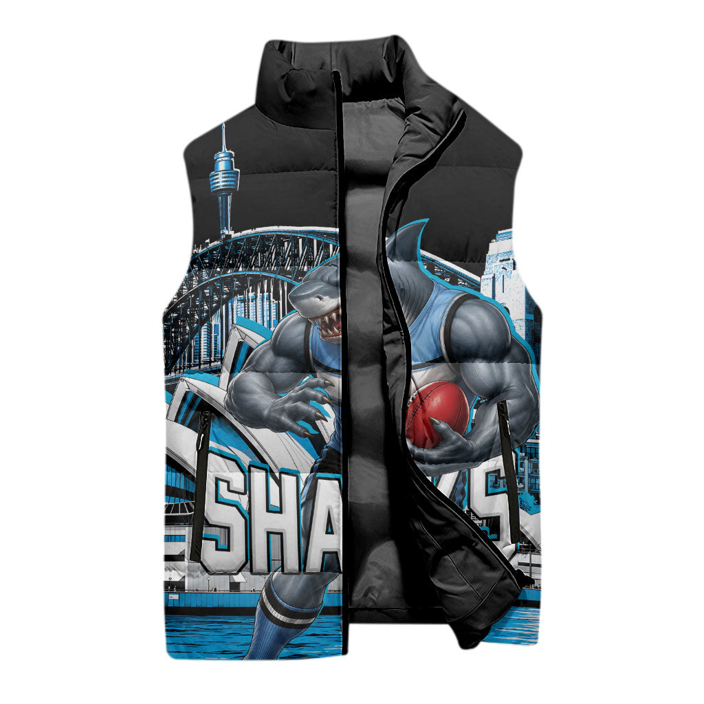 Personalised Sydney Sharks Rugby Sleeveless Puffer Jacket Muscular Mascot Harbour Bridge Skyline Graphic