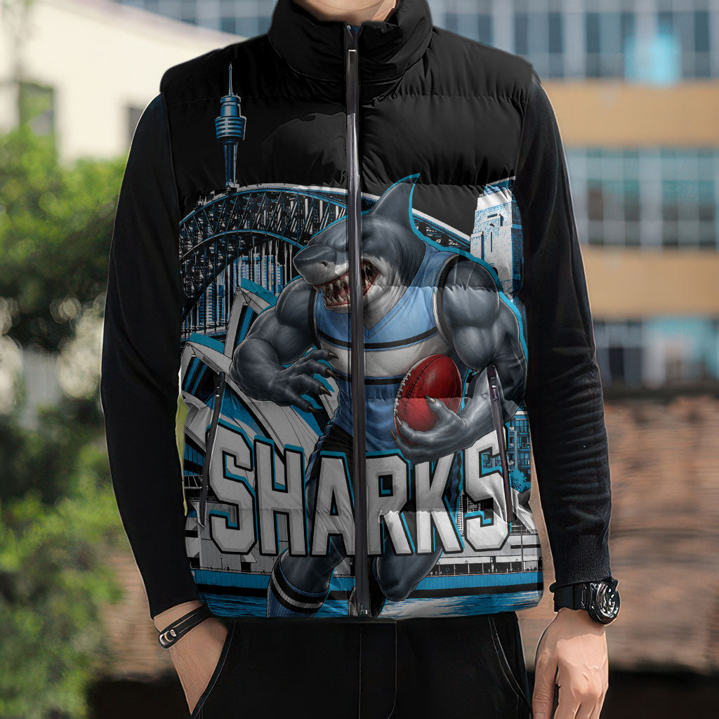 Personalised Sydney Sharks Rugby Sleeveless Puffer Jacket Muscular Mascot Harbour Bridge Skyline Graphic