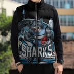 Personalised Sydney Sharks Rugby Sleeveless Puffer Jacket Muscular Mascot Harbour Bridge Skyline Graphic