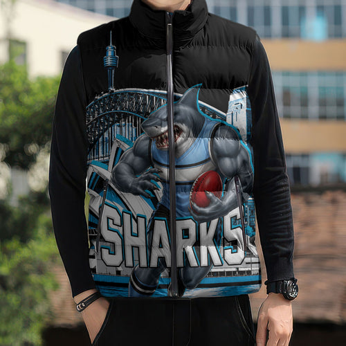 Personalised Sydney Sharks Rugby Sleeveless Puffer Jacket Muscular Mascot Harbour Bridge Skyline Graphic