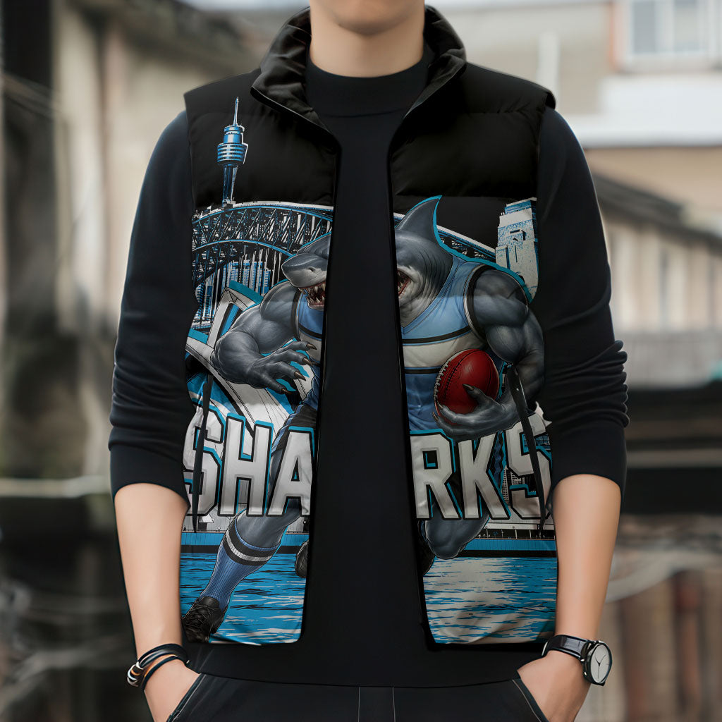 Personalised Sydney Sharks Rugby Sleeveless Puffer Jacket Muscular Mascot Harbour Bridge Skyline Graphic