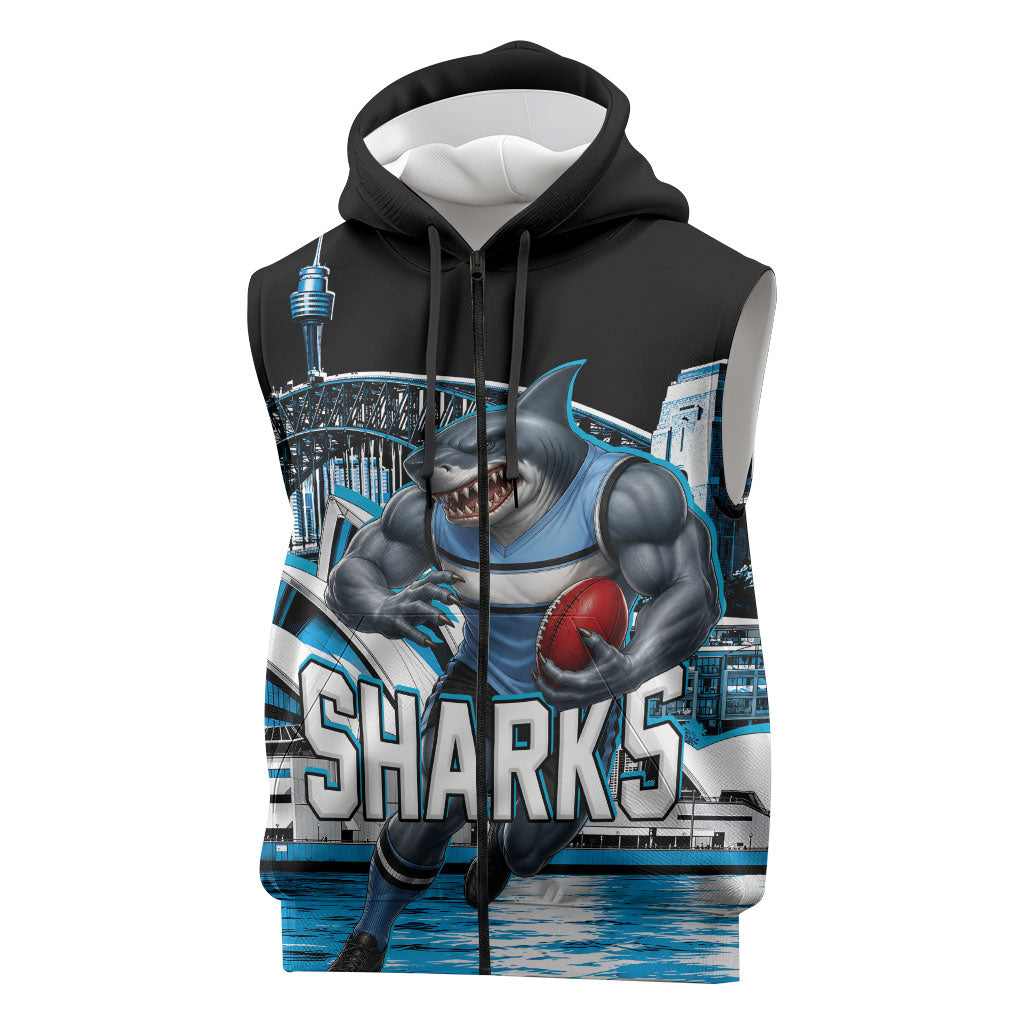 Personalised Sydney Sharks Rugby Sleeveless Zip Hoodie Muscular Mascot Harbour Bridge Skyline Graphic