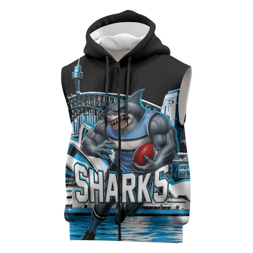 Personalised Sydney Sharks Rugby Sleeveless Zip Hoodie Muscular Mascot Harbour Bridge Skyline Graphic