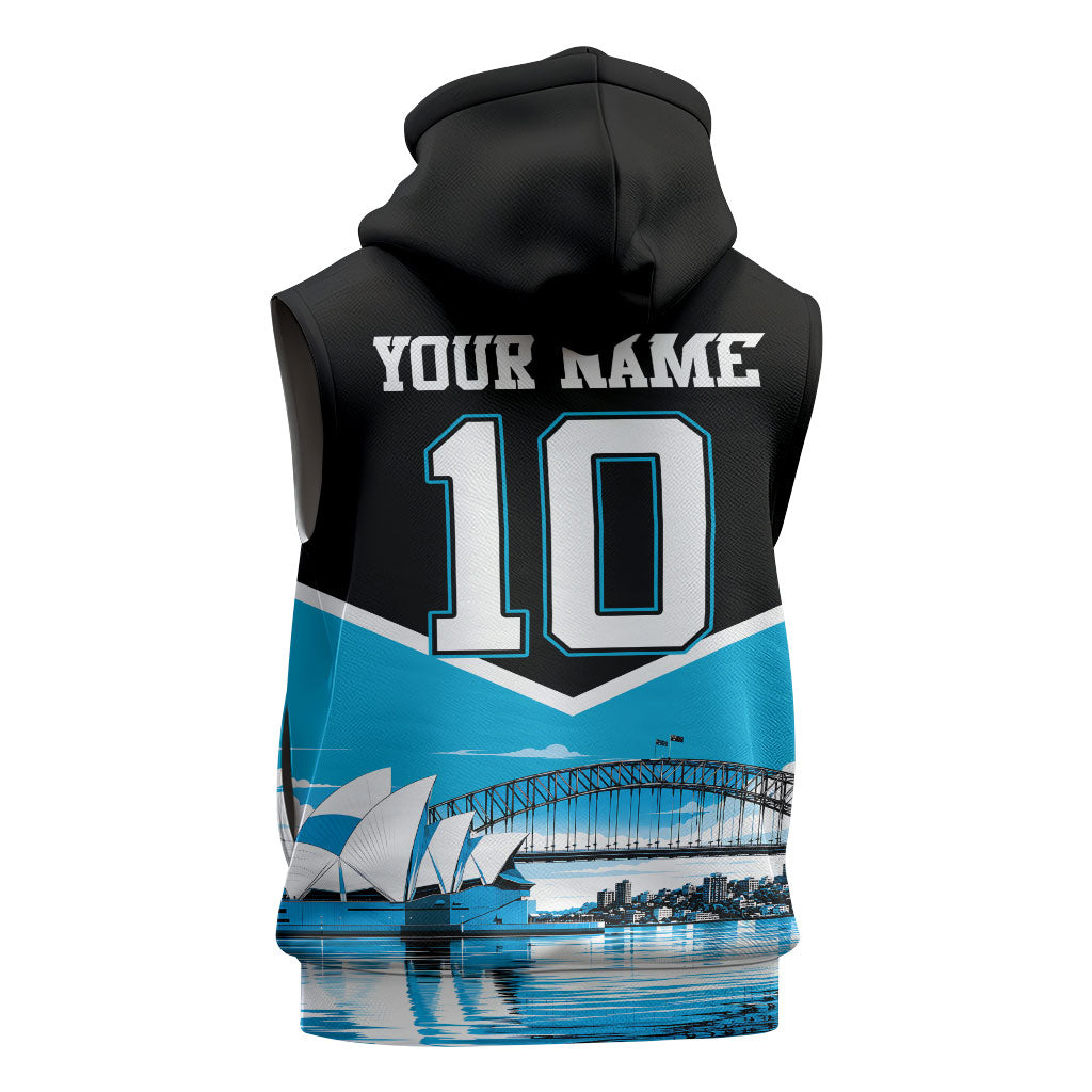 Personalised Sydney Sharks Rugby Sleeveless Zip Hoodie Muscular Mascot Harbour Bridge Skyline Graphic