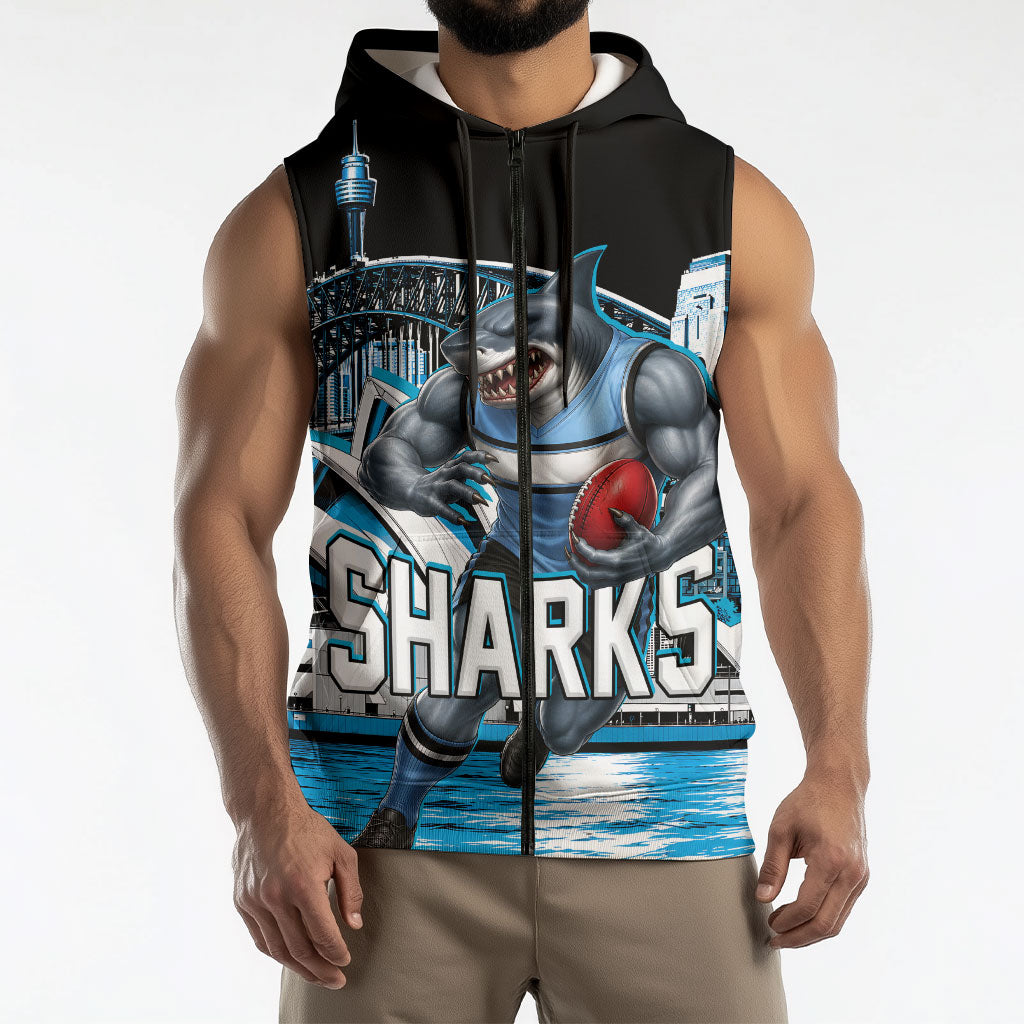 Personalised Sydney Sharks Rugby Sleeveless Zip Hoodie Muscular Mascot Harbour Bridge Skyline Graphic