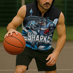 Personalised Sydney Sharks Rugby Sleeveless Zip Hoodie Muscular Mascot Harbour Bridge Skyline Graphic