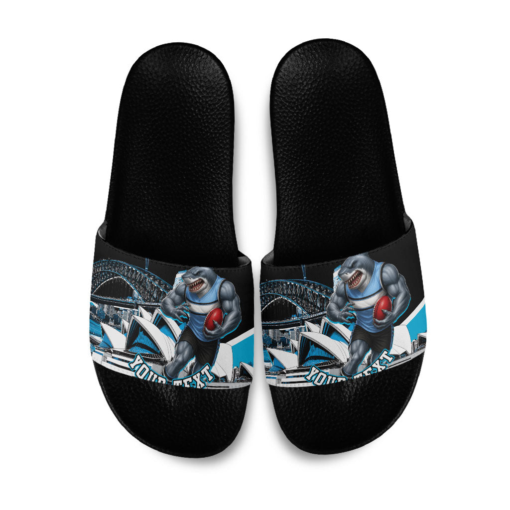 Personalised Sydney Sharks Rugby Slide Sandals Muscular Mascot Harbour Bridge Skyline Graphic
