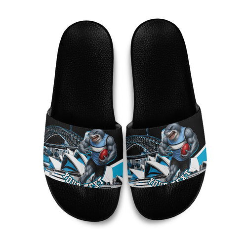 Personalised Sydney Sharks Rugby Slide Sandals Muscular Mascot Harbour Bridge Skyline Graphic