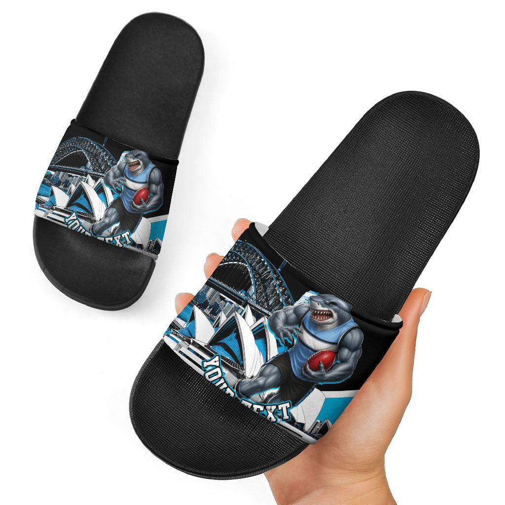 Personalised Sydney Sharks Rugby Slide Sandals Muscular Mascot Harbour Bridge Skyline Graphic