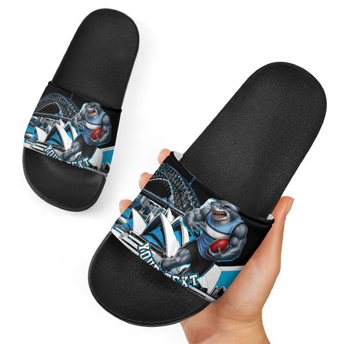 Personalised Sydney Sharks Rugby Slide Sandals Muscular Mascot Harbour Bridge Skyline Graphic