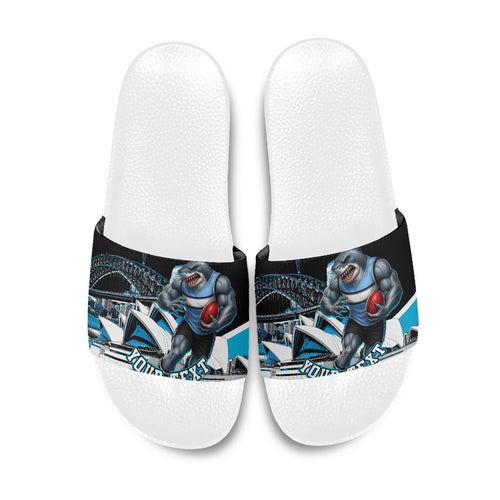 Personalised Sydney Sharks Rugby Slide Sandals Muscular Mascot Harbour Bridge Skyline Graphic